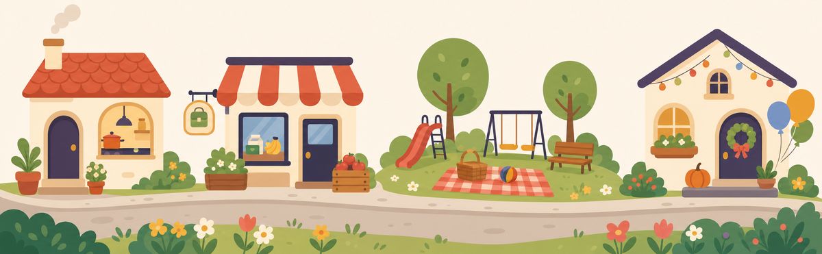 A little street with a kitchen house, a lunchbox shop, a park and a party house