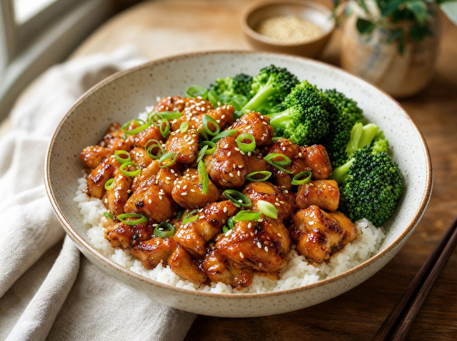 Honey Garlic Chicken over rice with broccoli